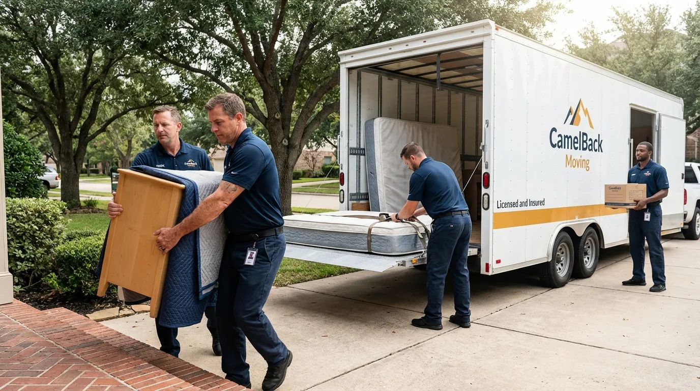 Crew loading residential truck for cross-state move from McAlester, OK