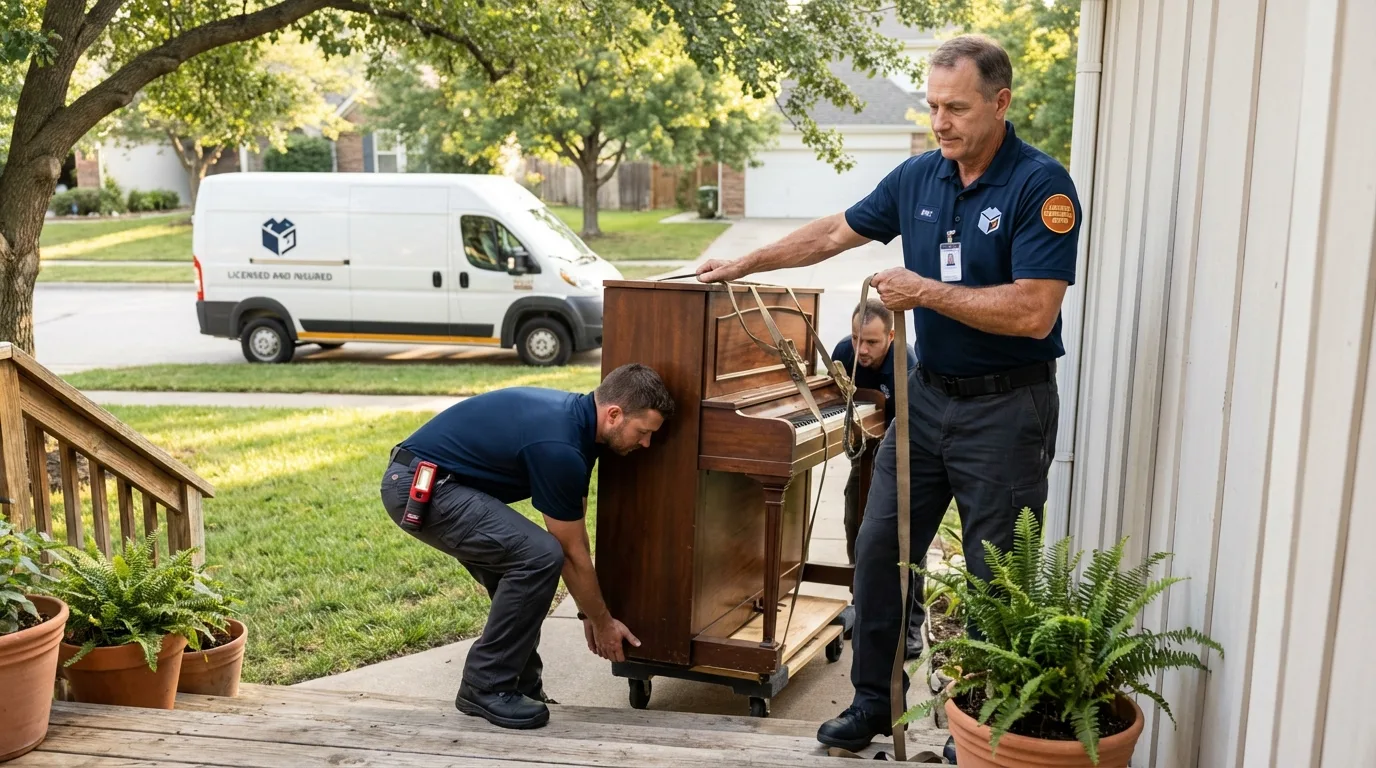 Licensed piano movers securing grand piano in McAlester, OK