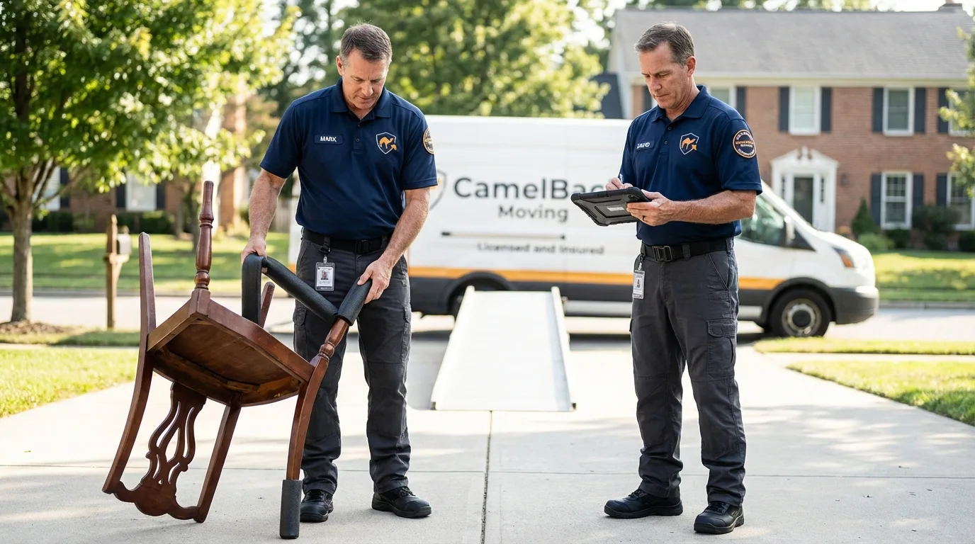 Movers inspecting furniture for damage prevention before loading in McAlester, OK