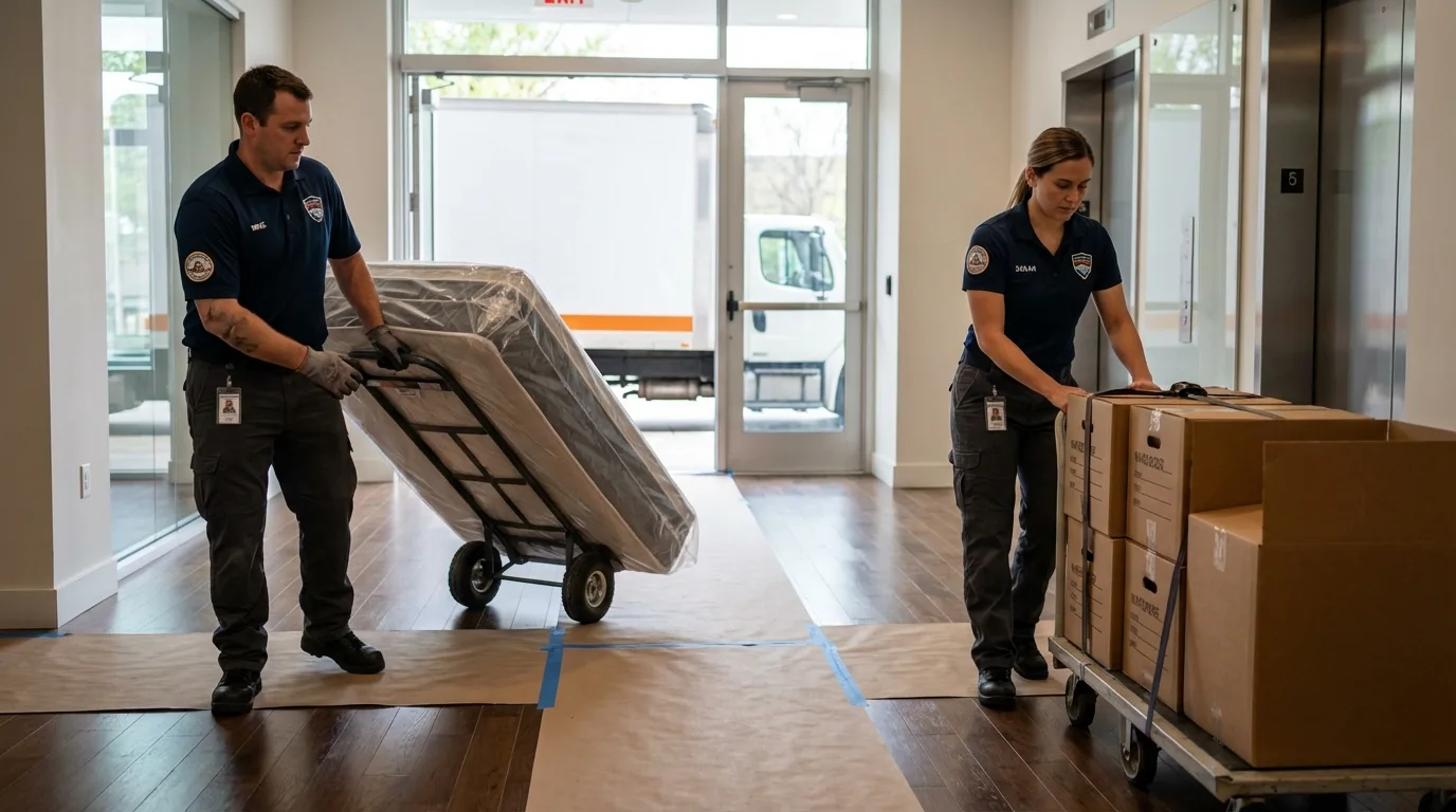 Professional apartment movers loading elevator in McAlester, OK