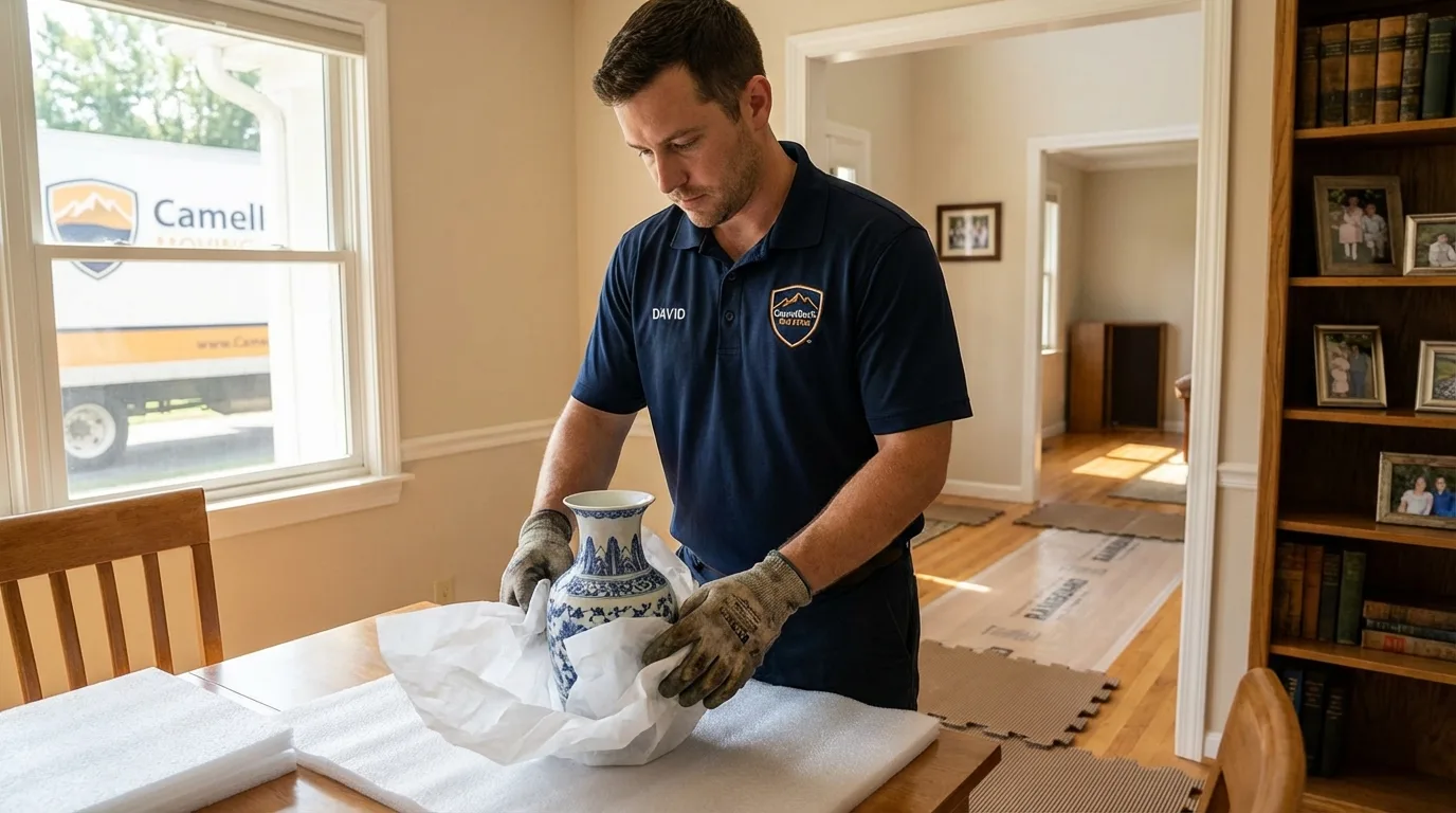 Professional crew carefully wrapping antique vase for senior downsizing move in McAlester, OK